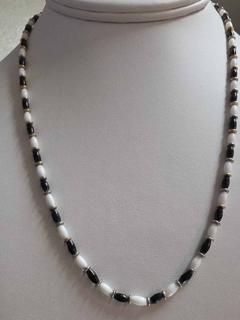 Vintage Black White Lucite Rice Bead Necklace Gold Accent Spacers